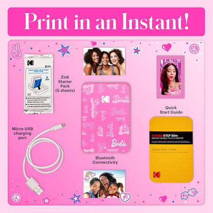 x Barbie Instant Smartphone Portable Photo Printer, Full Color, Wireless, Zink 2x3” (5.1x7.5 cm) Sticky-Back Photos, Print from iOS & Android Devices with Fun Editing App, Signature Style