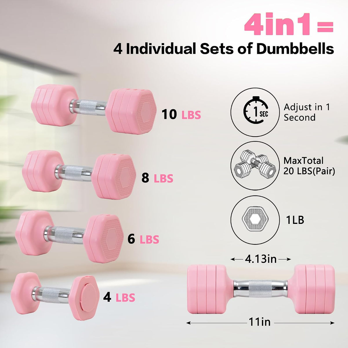 Adjustable Dumbbell Set of 2 Total 20 Lbs 4-in-1 Each 4lb 6lb 8lb 10lb 1s-Adjust Dual-Stable Free Weights for Women Men Home Gym Outdoor Workouts