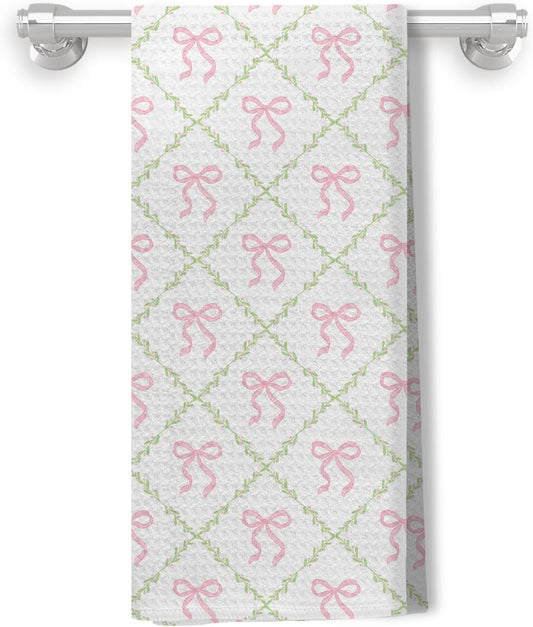 Coquette Pink Bow Kitchen Dish Towels, Grandmillennial Pink Ribbon Green Botanical Decorative Hand Towels for Bathroom Kitchen, Coquette Bathroom Decor, 16x24 Inch
