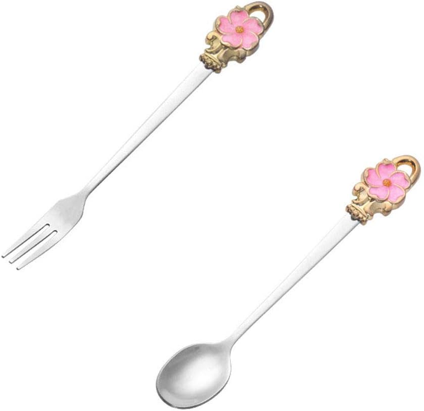 8pcs Set Spoon Fork Flower Printed Handle 304 Stainless Steel Teaspoons Dinner Spoon Stirring Forks Sugar Spoons for Coffee，Pink