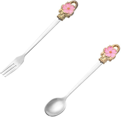 8pcs Set Spoon Fork Flower Printed Handle 304 Stainless Steel Teaspoons Dinner Spoon Stirring Forks Sugar Spoons for Coffee，Pink