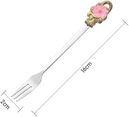 8pcs Set Spoon Fork Flower Printed Handle 304 Stainless Steel Teaspoons Dinner Spoon Stirring Forks Sugar Spoons for Coffee，Pink