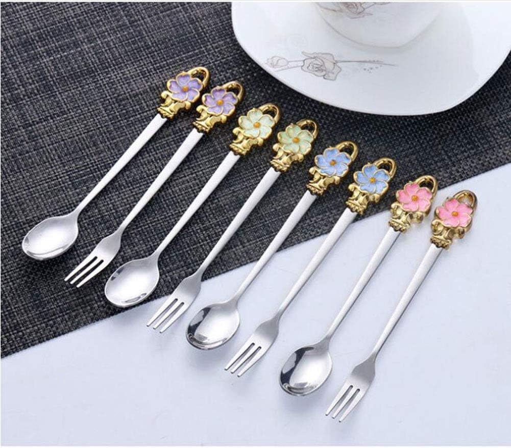8pcs Set Spoon Fork Flower Printed Handle 304 Stainless Steel Teaspoons Dinner Spoon Stirring Forks Sugar Spoons for Coffee，Pink