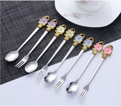 8pcs Set Spoon Fork Flower Printed Handle 304 Stainless Steel Teaspoons Dinner Spoon Stirring Forks Sugar Spoons for Coffee，Pink