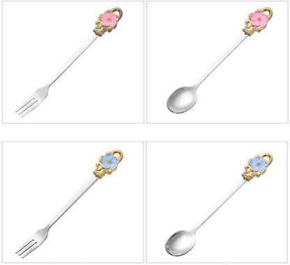 8pcs Set Spoon Fork Flower Printed Handle 304 Stainless Steel Teaspoons Dinner Spoon Stirring Forks Sugar Spoons for Coffee，Pink