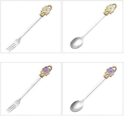 8pcs Set Spoon Fork Flower Printed Handle 304 Stainless Steel Teaspoons Dinner Spoon Stirring Forks Sugar Spoons for Coffee，Pink