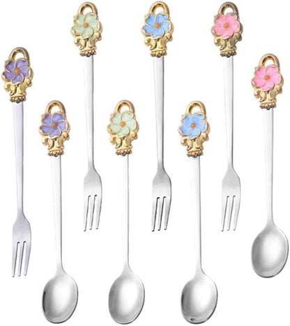 8pcs Set Spoon Fork Flower Printed Handle 304 Stainless Steel Teaspoons Dinner Spoon Stirring Forks Sugar Spoons for Coffee，Pink