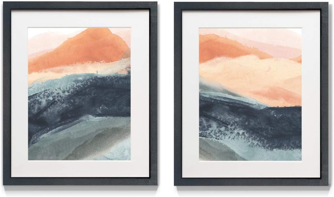Big Waves 2 Piece Framed Artwork Set, Blue, Peach, Pink, Contemporary Art, Fresh Modern Abstract, Black Matte Frame, White Mat, Plexiglass, 16 In W X 20 In H, Made in America