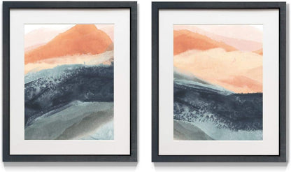 Big Waves 2 Piece Framed Artwork Set, Blue, Peach, Pink, Contemporary Art, Fresh Modern Abstract, Black Matte Frame, White Mat, Plexiglass, 16 In W X 20 In H, Made in America