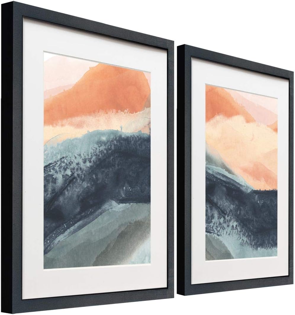 Big Waves 2 Piece Framed Artwork Set, Blue, Peach, Pink, Contemporary Art, Fresh Modern Abstract, Black Matte Frame, White Mat, Plexiglass, 16 In W X 20 In H, Made in America