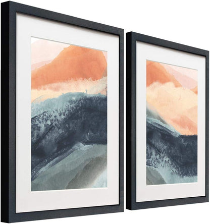 Big Waves 2 Piece Framed Artwork Set, Blue, Peach, Pink, Contemporary Art, Fresh Modern Abstract, Black Matte Frame, White Mat, Plexiglass, 16 In W X 20 In H, Made in America