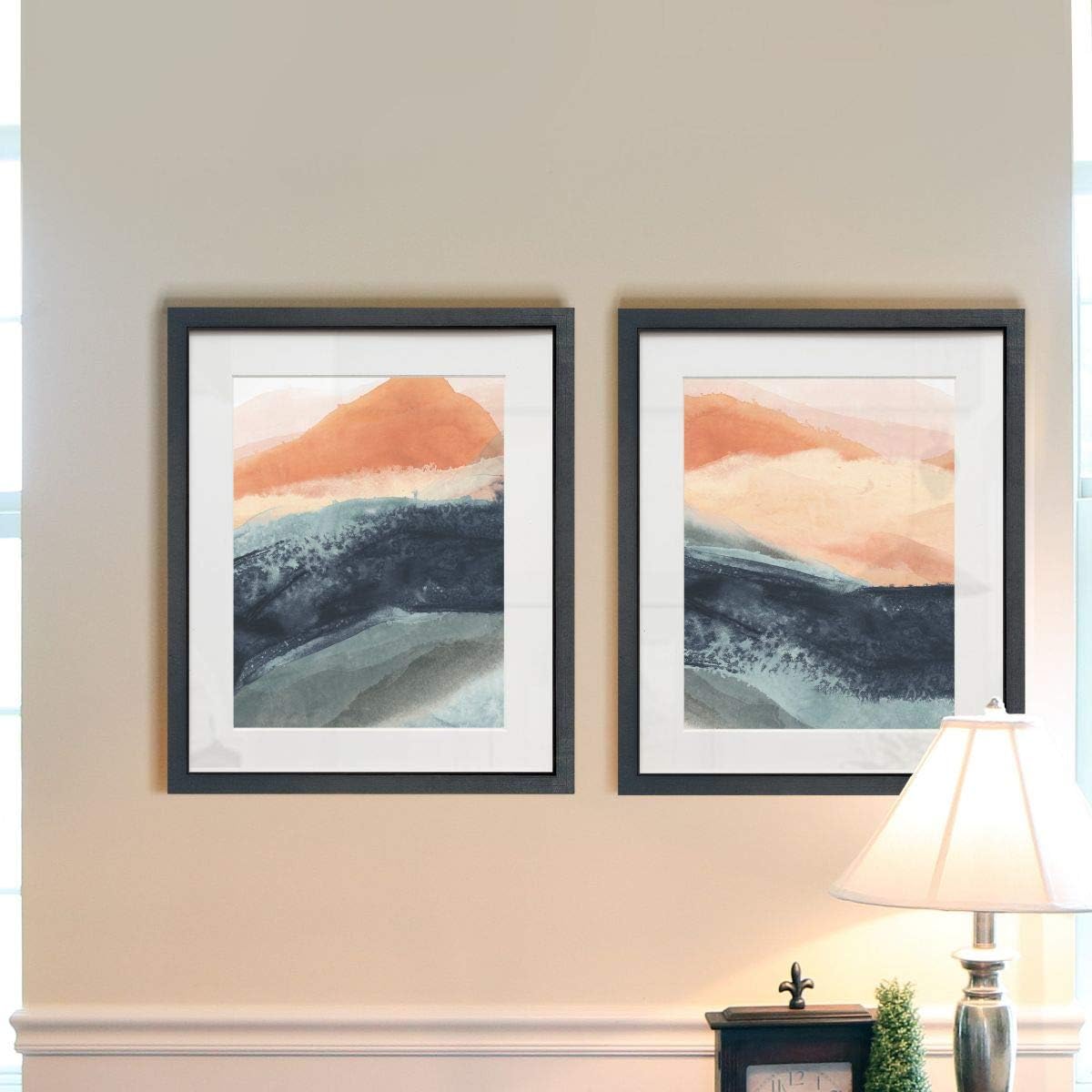 Big Waves 2 Piece Framed Artwork Set, Blue, Peach, Pink, Contemporary Art, Fresh Modern Abstract, Black Matte Frame, White Mat, Plexiglass, 16 In W X 20 In H, Made in America