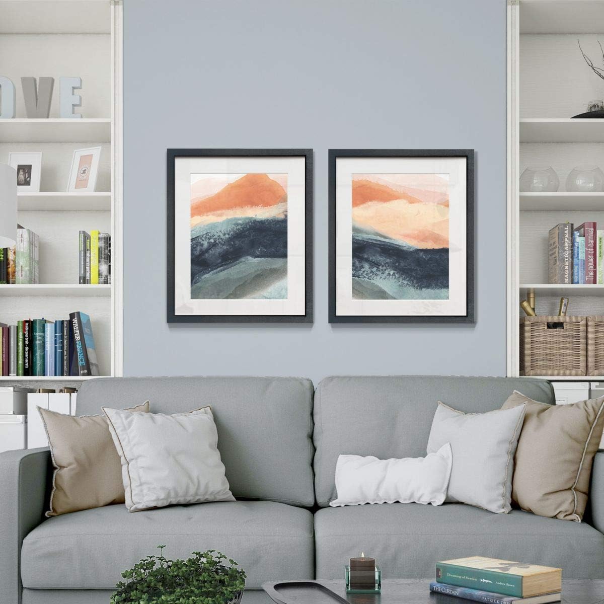 Big Waves 2 Piece Framed Artwork Set, Blue, Peach, Pink, Contemporary Art, Fresh Modern Abstract, Black Matte Frame, White Mat, Plexiglass, 16 In W X 20 In H, Made in America