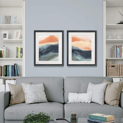 Big Waves 2 Piece Framed Artwork Set, Blue, Peach, Pink, Contemporary Art, Fresh Modern Abstract, Black Matte Frame, White Mat, Plexiglass, 16 In W X 20 In H, Made in America