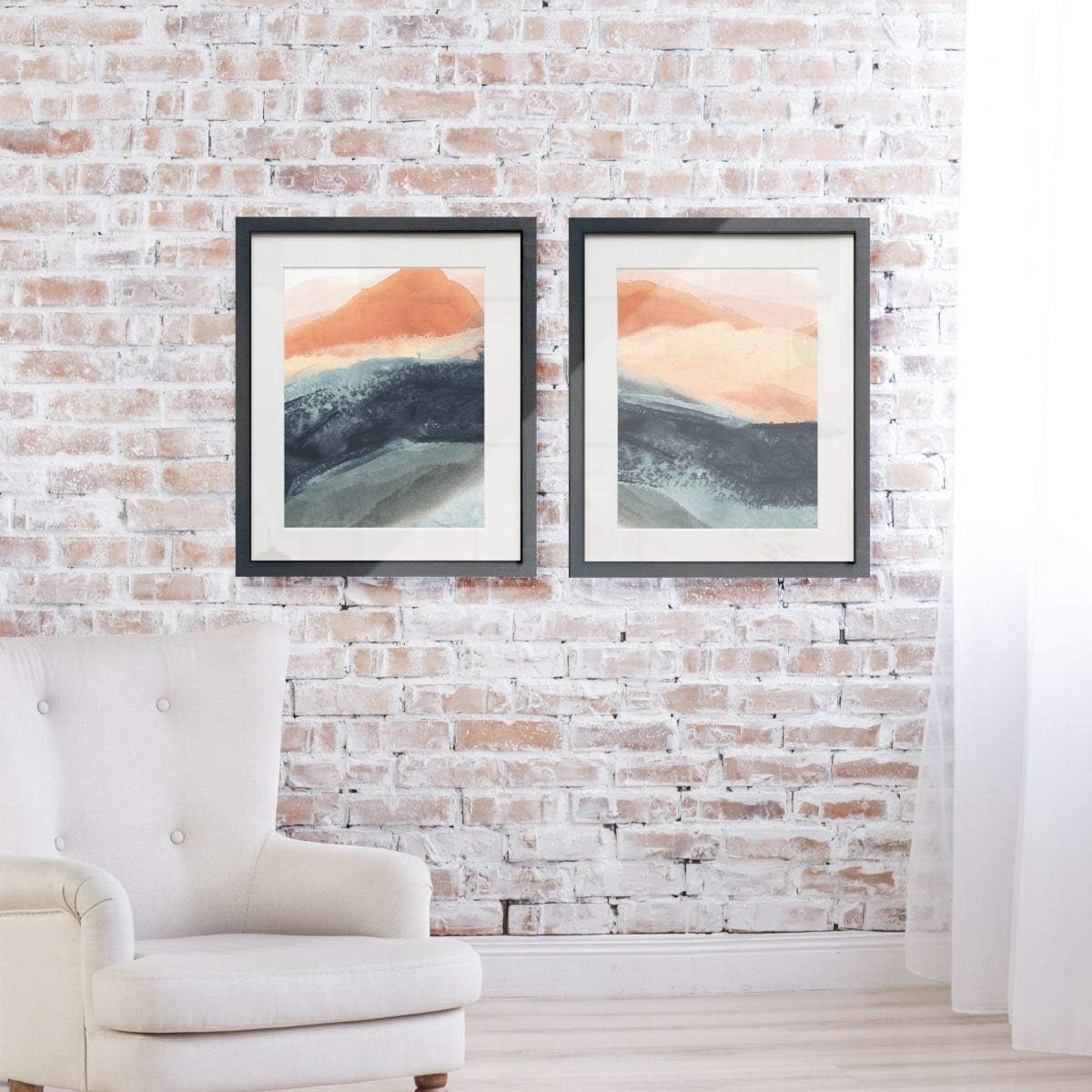 Big Waves 2 Piece Framed Artwork Set, Blue, Peach, Pink, Contemporary Art, Fresh Modern Abstract, Black Matte Frame, White Mat, Plexiglass, 16 In W X 20 In H, Made in America