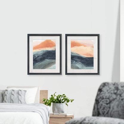 Big Waves 2 Piece Framed Artwork Set, Blue, Peach, Pink, Contemporary Art, Fresh Modern Abstract, Black Matte Frame, White Mat, Plexiglass, 16 In W X 20 In H, Made in America