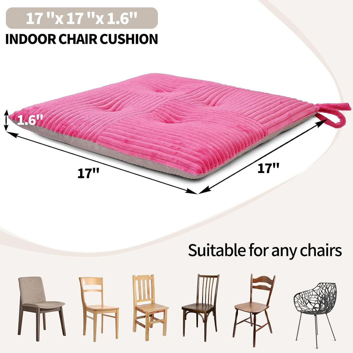 Office Stacking Chair Cushion with Ties, Corduroy High Density Foam Non-Slip Kitchen Seat Cushion, Square 17" x 17" Indoor Dining Chair Pads, Pink, 1 PCS