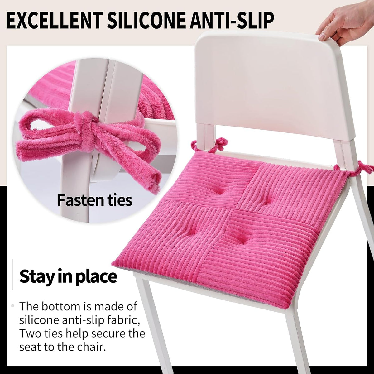 Office Stacking Chair Cushion with Ties, Corduroy High Density Foam Non-Slip Kitchen Seat Cushion, Square 17" x 17" Indoor Dining Chair Pads, Pink, 1 PCS