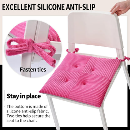 Office Stacking Chair Cushion with Ties, Corduroy High Density Foam Non-Slip Kitchen Seat Cushion, Square 17" x 17" Indoor Dining Chair Pads, Pink, 1 PCS