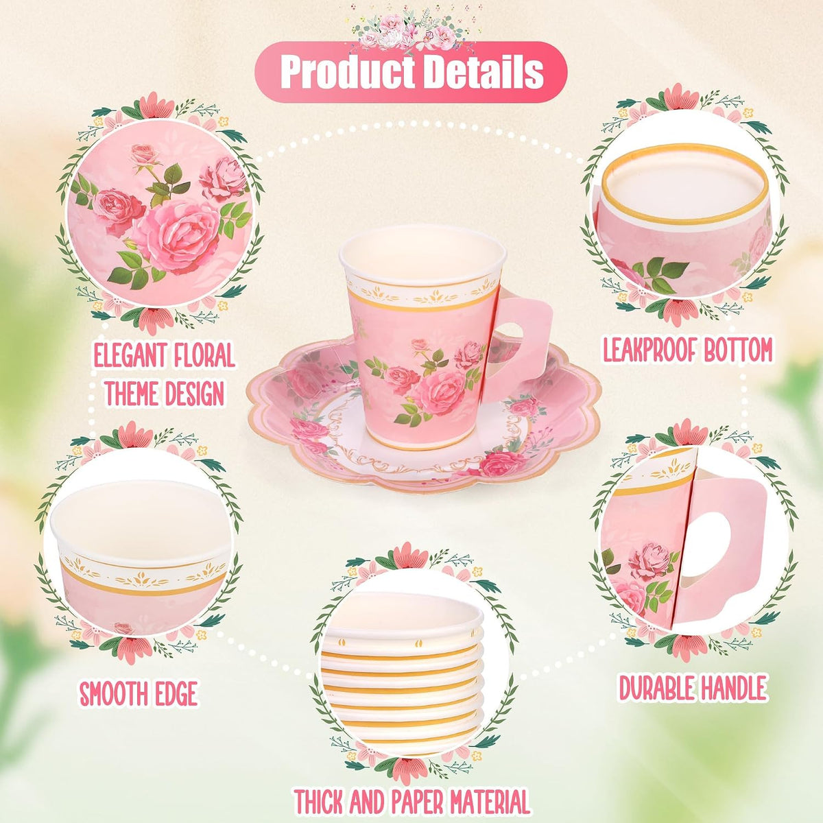 96 Pieces Floral Paper Tea Cups and Saucers 9 Oz Teacups with Handle 9 Inch and 7 Inch Paper Plates Saucers Napkins Disposable Tea Party Supplies Serve 24 for Wedding Baby Shower Party, Pink