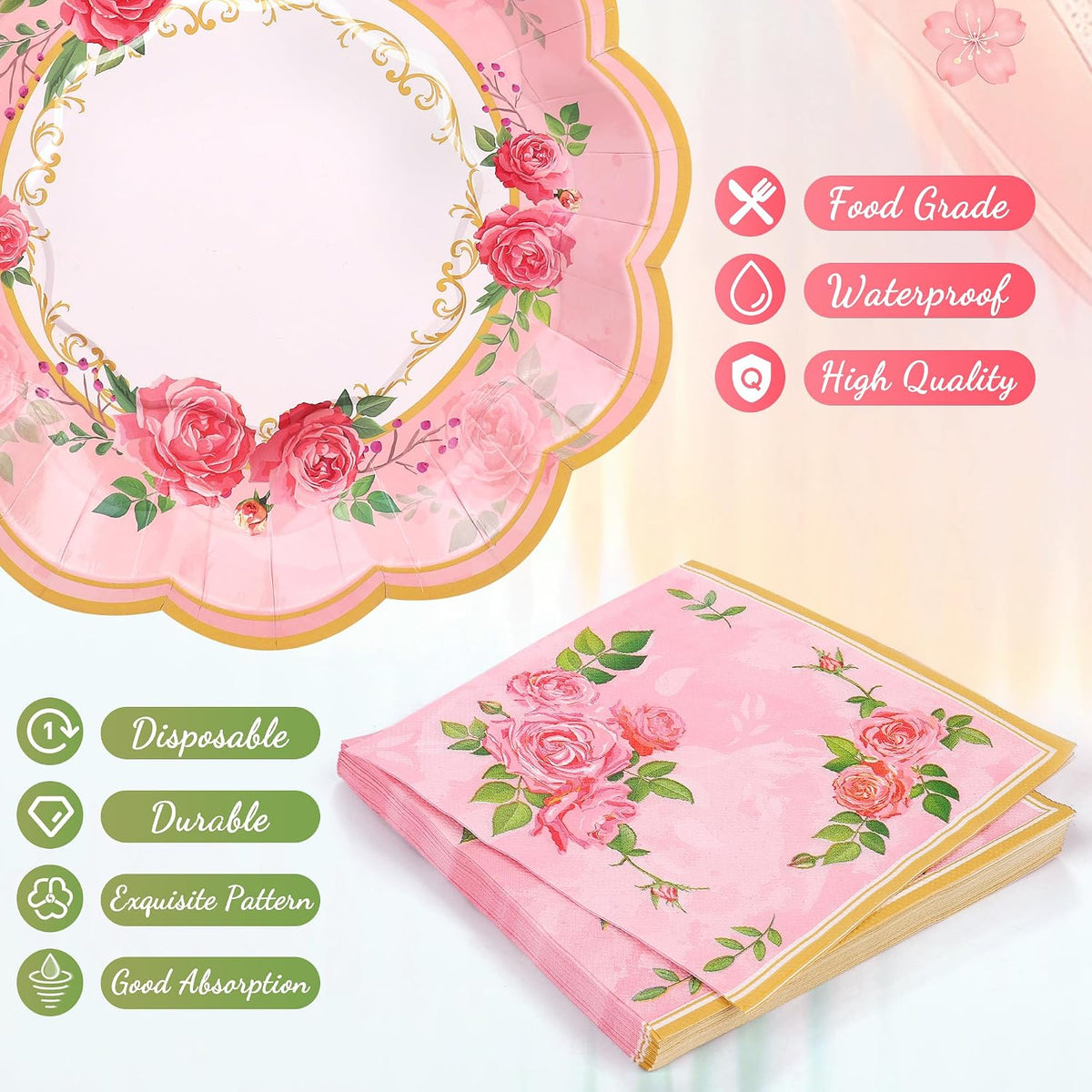 96 Pieces Floral Paper Tea Cups and Saucers 9 Oz Teacups with Handle 9 Inch and 7 Inch Paper Plates Saucers Napkins Disposable Tea Party Supplies Serve 24 for Wedding Baby Shower Party, Pink