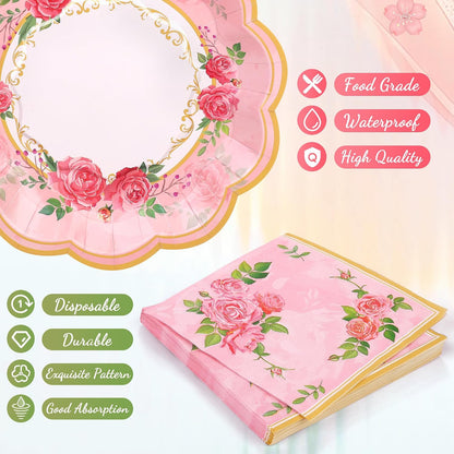 96 Pieces Floral Paper Tea Cups and Saucers 9 Oz Teacups with Handle 9 Inch and 7 Inch Paper Plates Saucers Napkins Disposable Tea Party Supplies Serve 24 for Wedding Baby Shower Party, Pink