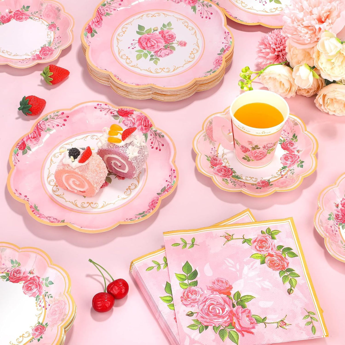 96 Pieces Floral Paper Tea Cups and Saucers 9 Oz Teacups with Handle 9 Inch and 7 Inch Paper Plates Saucers Napkins Disposable Tea Party Supplies Serve 24 for Wedding Baby Shower Party, Pink