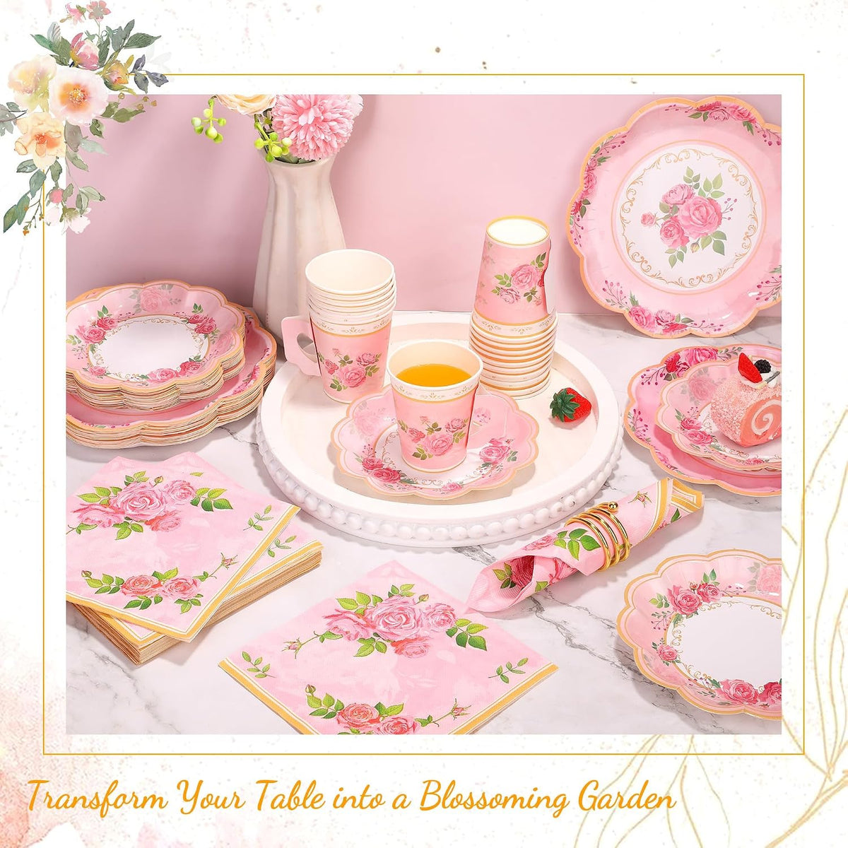96 Pieces Floral Paper Tea Cups and Saucers 9 Oz Teacups with Handle 9 Inch and 7 Inch Paper Plates Saucers Napkins Disposable Tea Party Supplies Serve 24 for Wedding Baby Shower Party, Pink