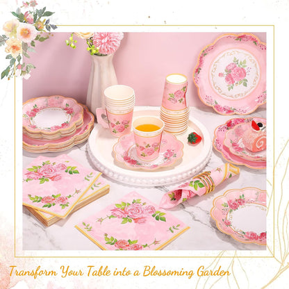 96 Pieces Floral Paper Tea Cups and Saucers 9 Oz Teacups with Handle 9 Inch and 7 Inch Paper Plates Saucers Napkins Disposable Tea Party Supplies Serve 24 for Wedding Baby Shower Party, Pink
