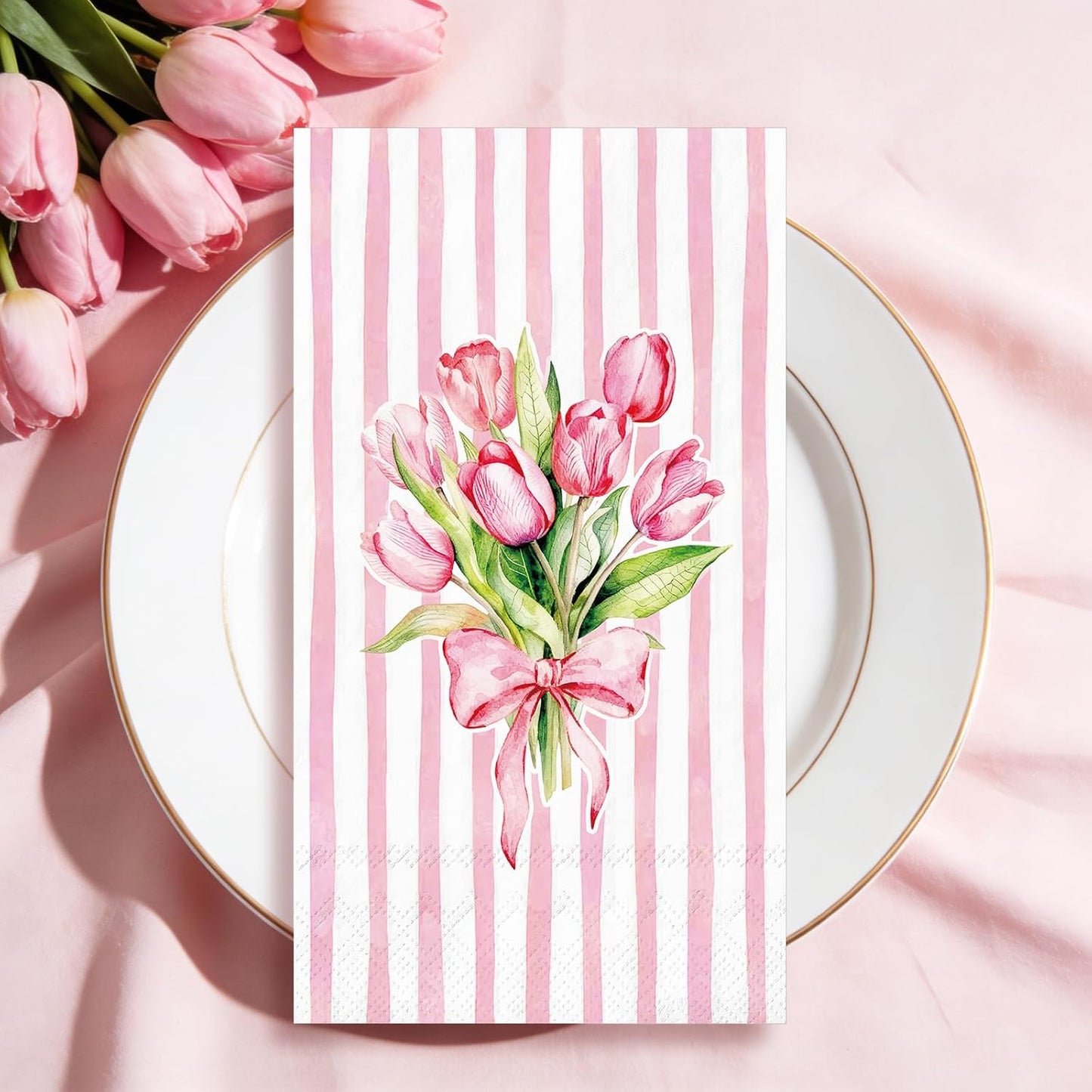 Whaline 50Pcs Tulip Guest Napkins Pink Striped Floral Disposable Hand Towels Watercolor Bow Flower Paper Napkins for Birthday Wedding Mother's Day Bathroom Kitchen