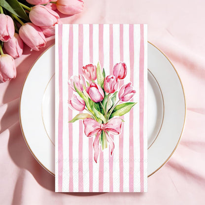 Whaline 50Pcs Tulip Guest Napkins Pink Striped Floral Disposable Hand Towels Watercolor Bow Flower Paper Napkins for Birthday Wedding Mother's Day Bathroom Kitchen