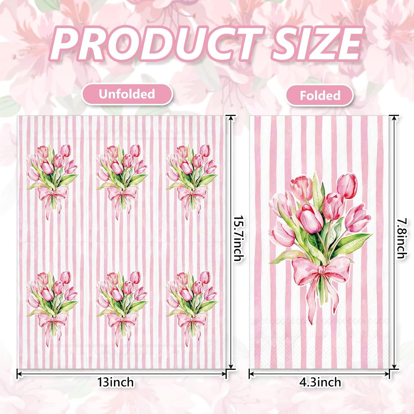 Whaline 50Pcs Tulip Guest Napkins Pink Striped Floral Disposable Hand Towels Watercolor Bow Flower Paper Napkins for Birthday Wedding Mother's Day Bathroom Kitchen