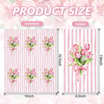 Whaline 50Pcs Tulip Guest Napkins Pink Striped Floral Disposable Hand Towels Watercolor Bow Flower Paper Napkins for Birthday Wedding Mother's Day Bathroom Kitchen