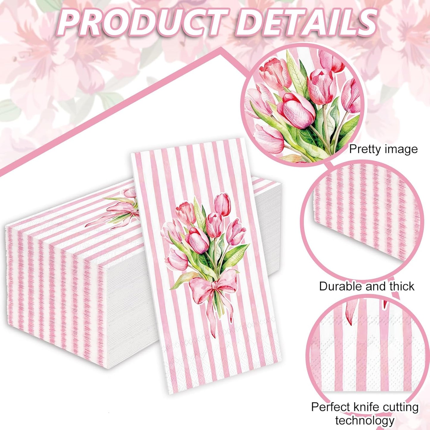 Whaline 50Pcs Tulip Guest Napkins Pink Striped Floral Disposable Hand Towels Watercolor Bow Flower Paper Napkins for Birthday Wedding Mother's Day Bathroom Kitchen