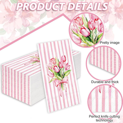 Whaline 50Pcs Tulip Guest Napkins Pink Striped Floral Disposable Hand Towels Watercolor Bow Flower Paper Napkins for Birthday Wedding Mother's Day Bathroom Kitchen