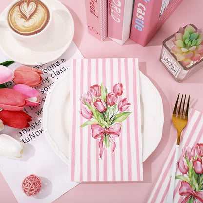Whaline 50Pcs Tulip Guest Napkins Pink Striped Floral Disposable Hand Towels Watercolor Bow Flower Paper Napkins for Birthday Wedding Mother's Day Bathroom Kitchen