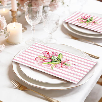 Whaline 50Pcs Tulip Guest Napkins Pink Striped Floral Disposable Hand Towels Watercolor Bow Flower Paper Napkins for Birthday Wedding Mother's Day Bathroom Kitchen