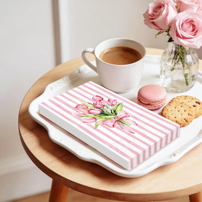 Whaline 50Pcs Tulip Guest Napkins Pink Striped Floral Disposable Hand Towels Watercolor Bow Flower Paper Napkins for Birthday Wedding Mother's Day Bathroom Kitchen