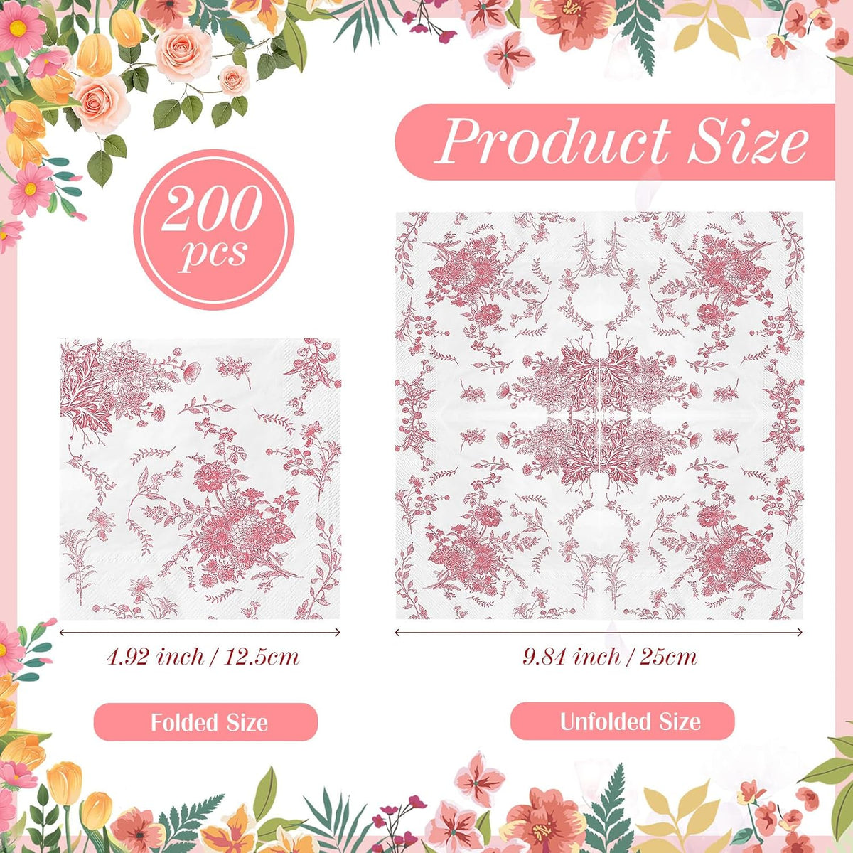 200 Pack Pink Floral Cocktail Napkins Disposable Wedding Paper Napkin Decorative Pink & White Hydrangea Flower Guest Hand Towel Dinner Napkin for Baby Shower Birthday Party Supplies