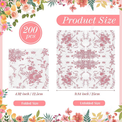 200 Pack Pink Floral Cocktail Napkins Disposable Wedding Paper Napkin Decorative Pink & White Hydrangea Flower Guest Hand Towel Dinner Napkin for Baby Shower Birthday Party Supplies