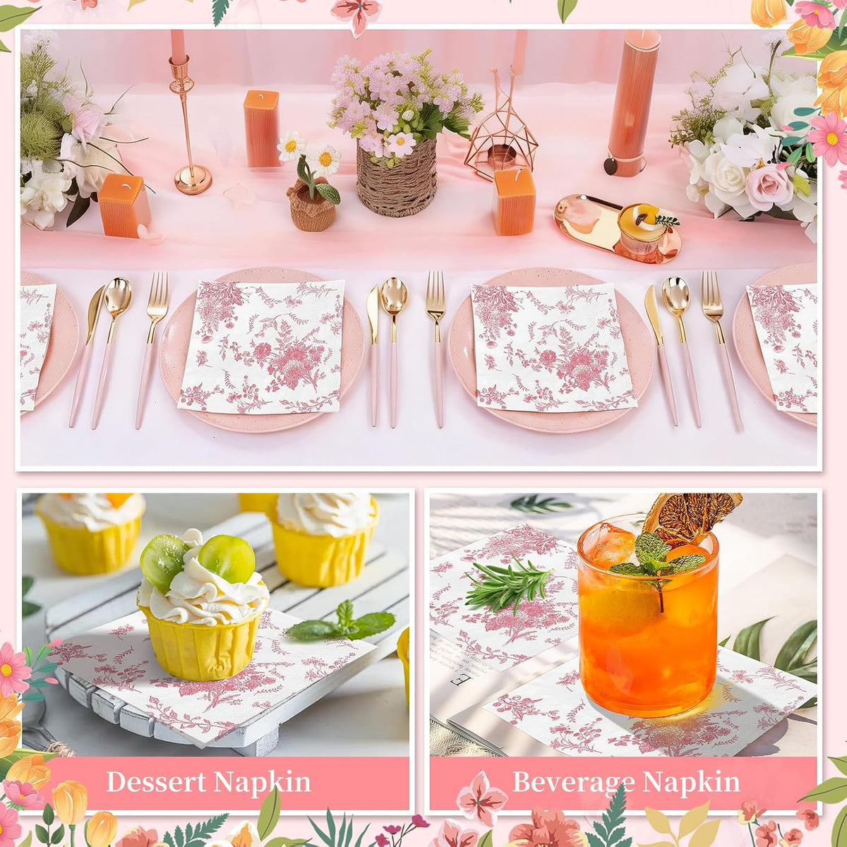 200 Pack Pink Floral Cocktail Napkins Disposable Wedding Paper Napkin Decorative Pink & White Hydrangea Flower Guest Hand Towel Dinner Napkin for Baby Shower Birthday Party Supplies