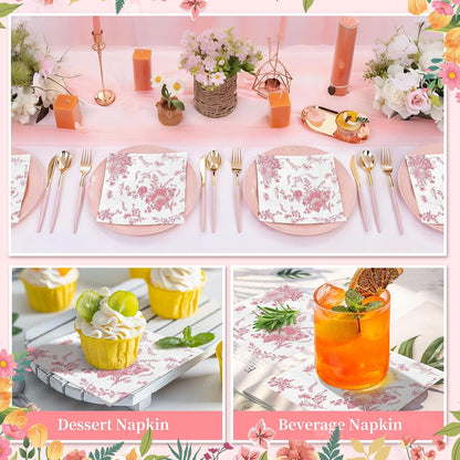 200 Pack Pink Floral Cocktail Napkins Disposable Wedding Paper Napkin Decorative Pink & White Hydrangea Flower Guest Hand Towel Dinner Napkin for Baby Shower Birthday Party Supplies