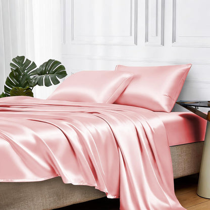 Satin Sheets Queen Size with Elastic Corner Straps, Light Pink