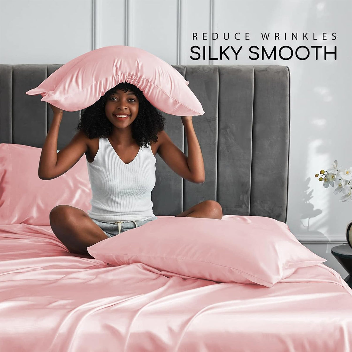 Satin Sheets Queen Size with Elastic Corner Straps, Light Pink