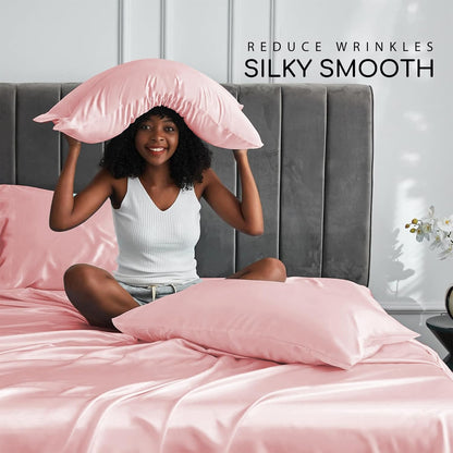 Satin Sheets Queen Size with Elastic Corner Straps, Light Pink