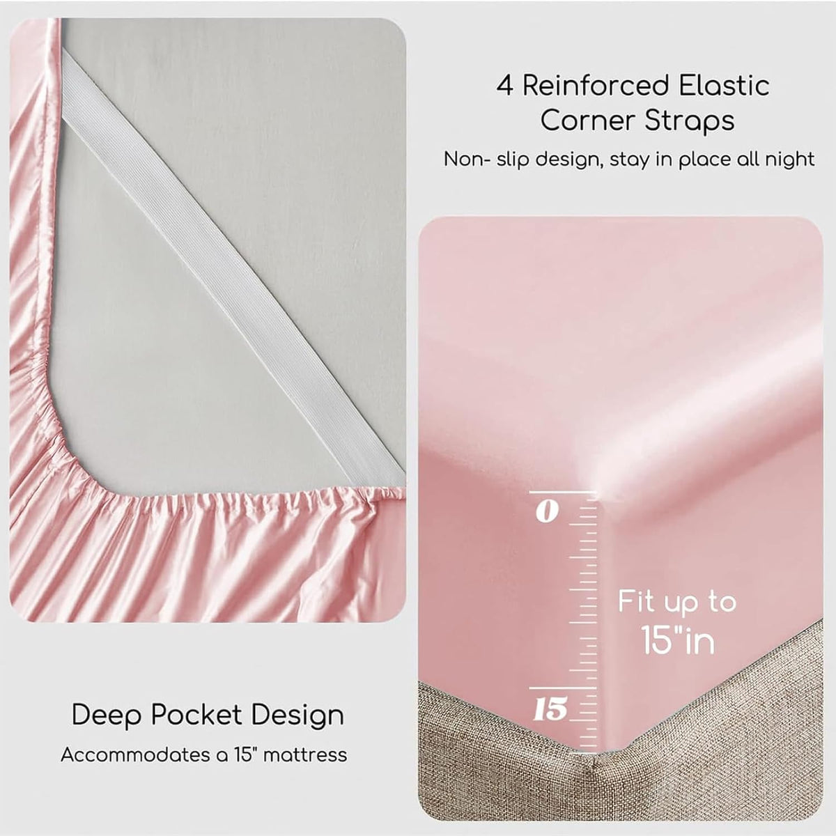 Satin Sheets Queen Size with Elastic Corner Straps, Light Pink