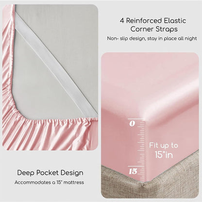 Satin Sheets Queen Size with Elastic Corner Straps, Light Pink