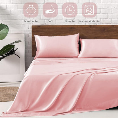 Satin Sheets Queen Size with Elastic Corner Straps, Light Pink