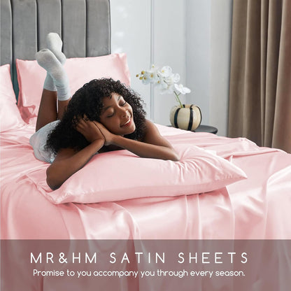 Satin Sheets Queen Size with Elastic Corner Straps, Light Pink