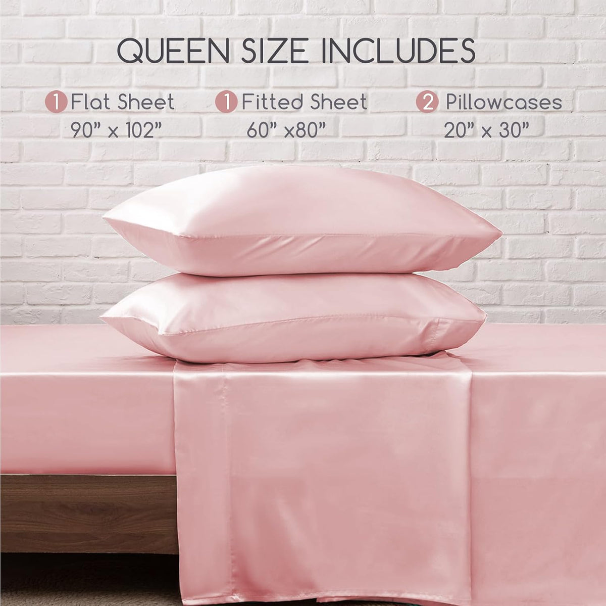 Satin Sheets Queen Size with Elastic Corner Straps, Light Pink